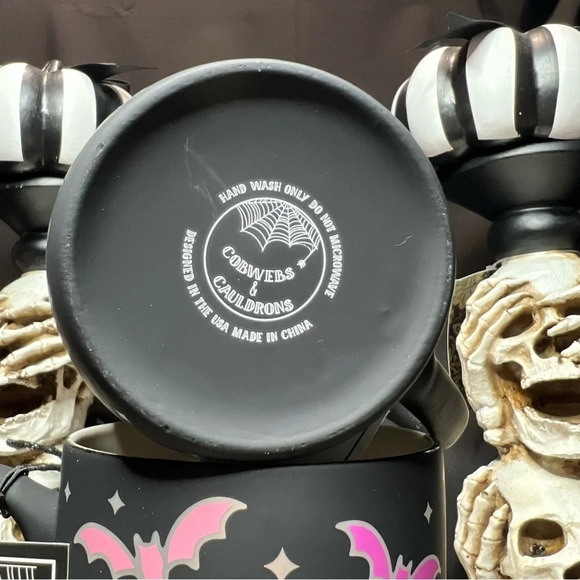 Cobwebs & Cauldrons Halloween Soft Touch Black - Pink & Silver Trim Bat Mug x2 - Picture 11 of 12